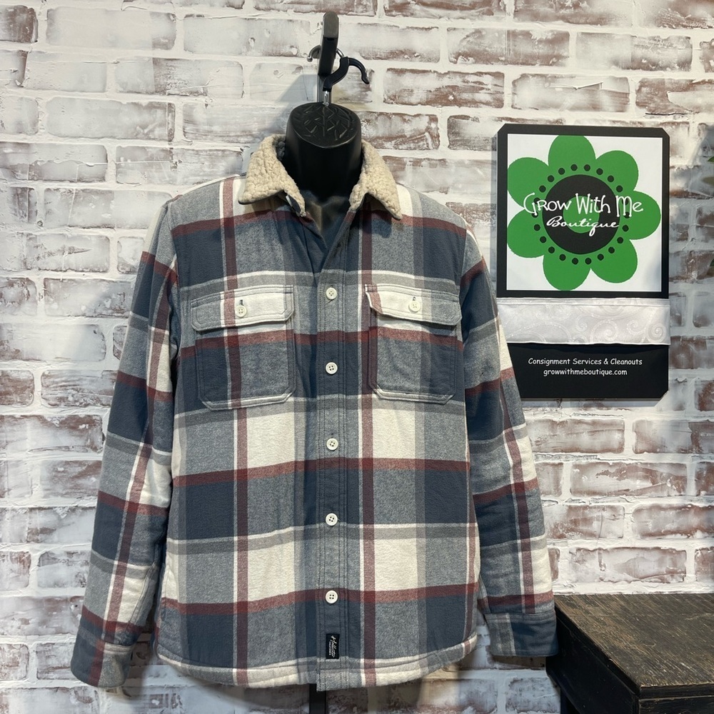 Hollister Men's Blue and Red Plaid Sherpa Jacket small